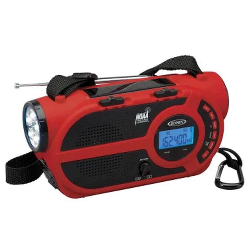 JENSEN Portable Digital AM/FM Weather Radio with Weather Alert, Flashlight, and 4-Way Charging, Red