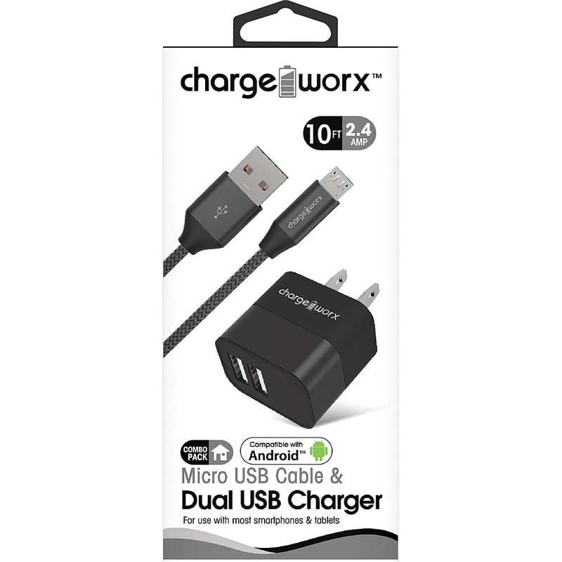Chargeworx 2.4A Dual USB Metal Wall Charger & 10ft Micro USB Cable