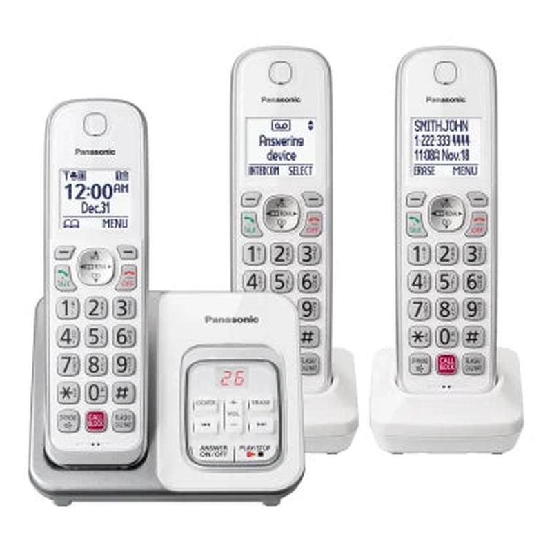 Panasonic KX-TGD83x Series DECT 6.0 Corded Cordless Phone with Answering Machine, White (3 Handset)