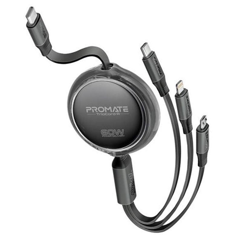 PROMATE 1.1m 3in1 Ultra-Fast USB-C Retractable Multi-Connector Cable.