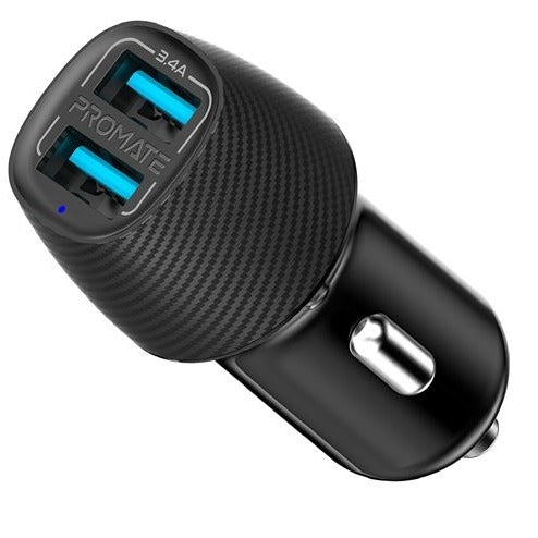 PROMATE 3.4A Dual Port USB-A Car Charger. Charge 2 Devices at the