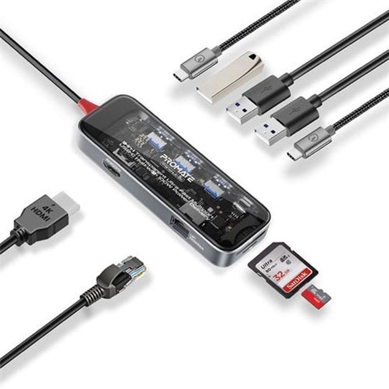 PROMATE 9-in-1 USB Multi-Port Hub with USB-C Connector. Includes 100W