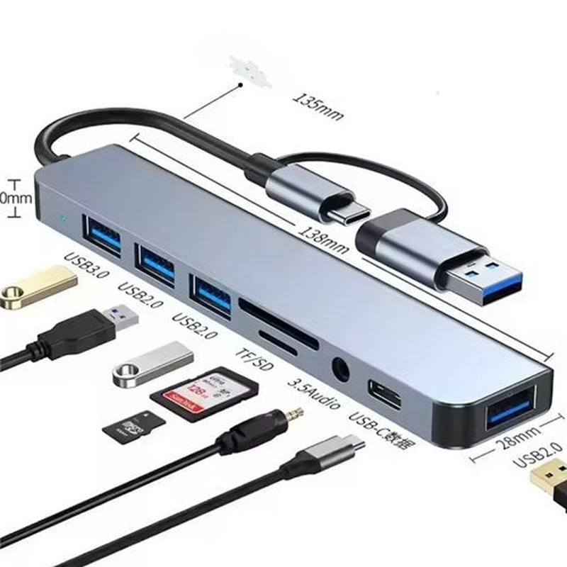 8 Ports Usb Hub Splitter USB3.0+USB2.0*3+USB-C Data Transfer+TF +SD +3.5mm