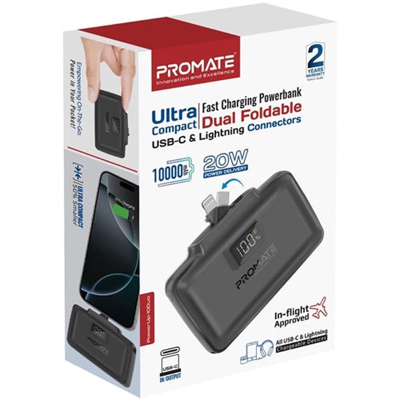 PROMATE 10000mAh Ultra-Compact Fast Charging Power Bank with In-Built Dual Folding USB-C & Lightning Connector