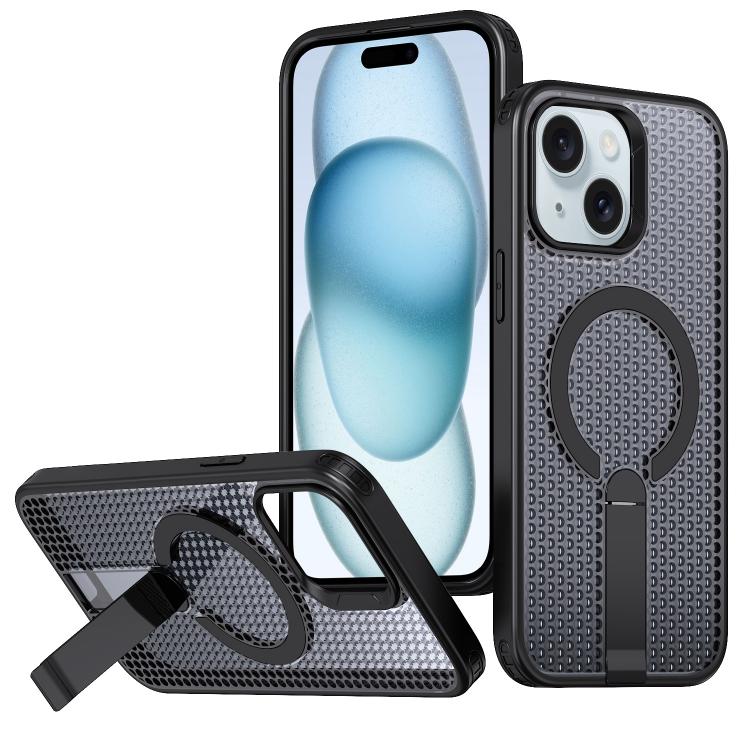 For iPhone 15 kalebol Honeycomb Cooling MagSafe Holder Phone Case(Black)