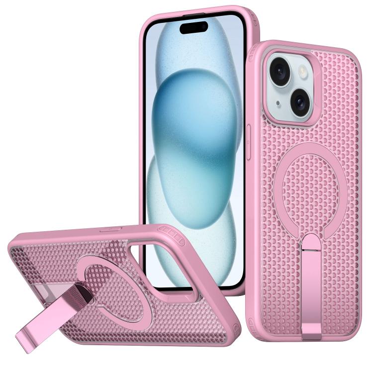 For iPhone 15 kalebol Honeycomb Cooling MagSafe Holder Phone Case(Pink)