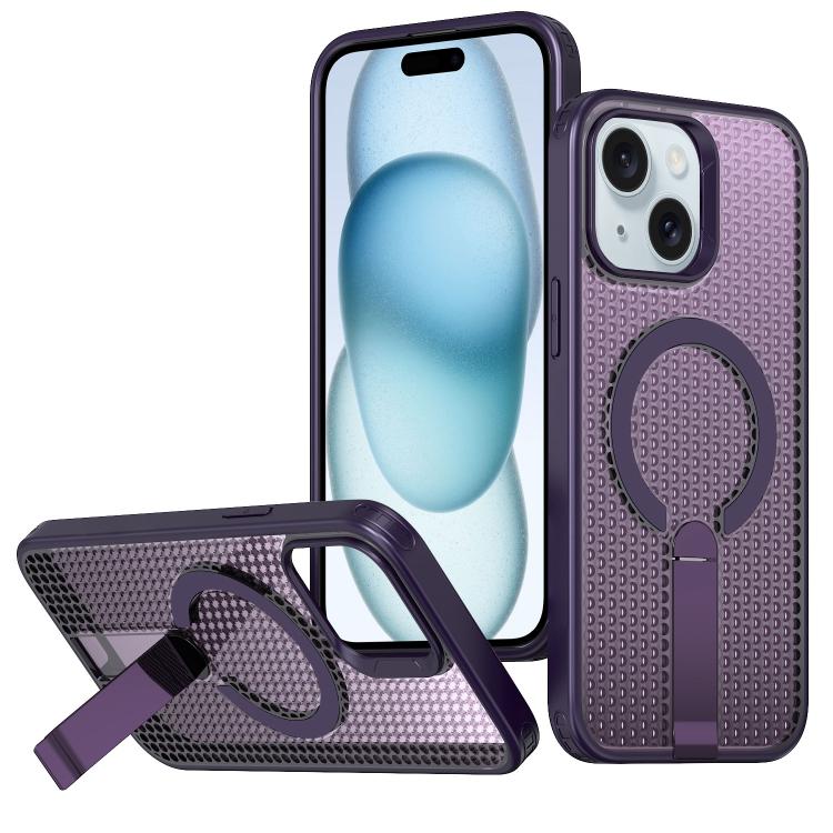 For iPhone 15 kalebol Honeycomb Cooling MagSafe Holder Phone Case(Purple)