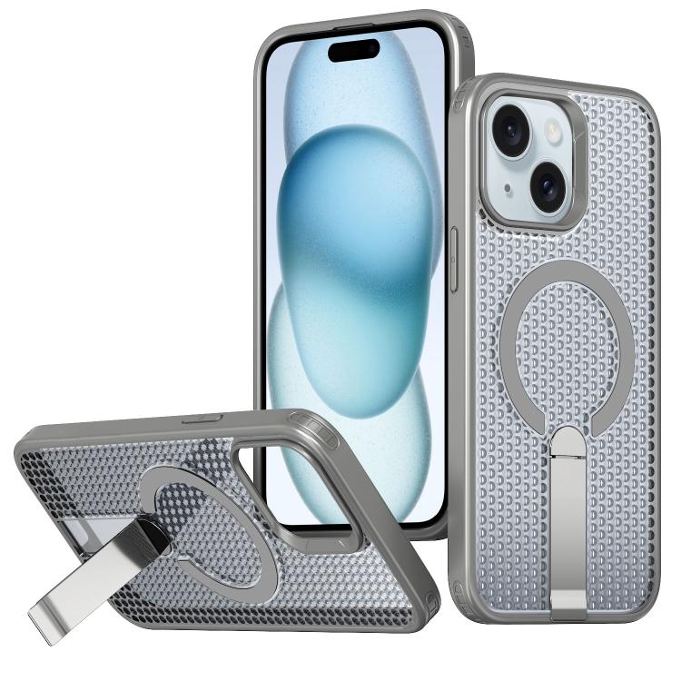 For iPhone 15 kalebol Honeycomb Cooling MagSafe Holder Phone Case(Titanium Grey)