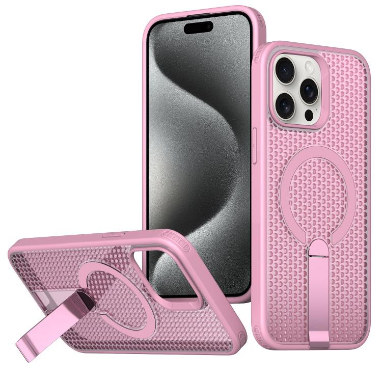 For iPhone 15 Pro kalebol Honeycomb Cooling MagSafe Holder Phone Case(Pink)