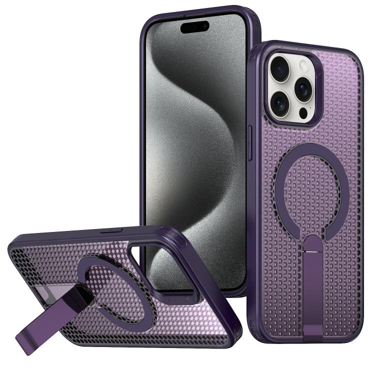 For iPhone 15 Pro kalebol Honeycomb Cooling MagSafe Holder Phone Case(Purple)