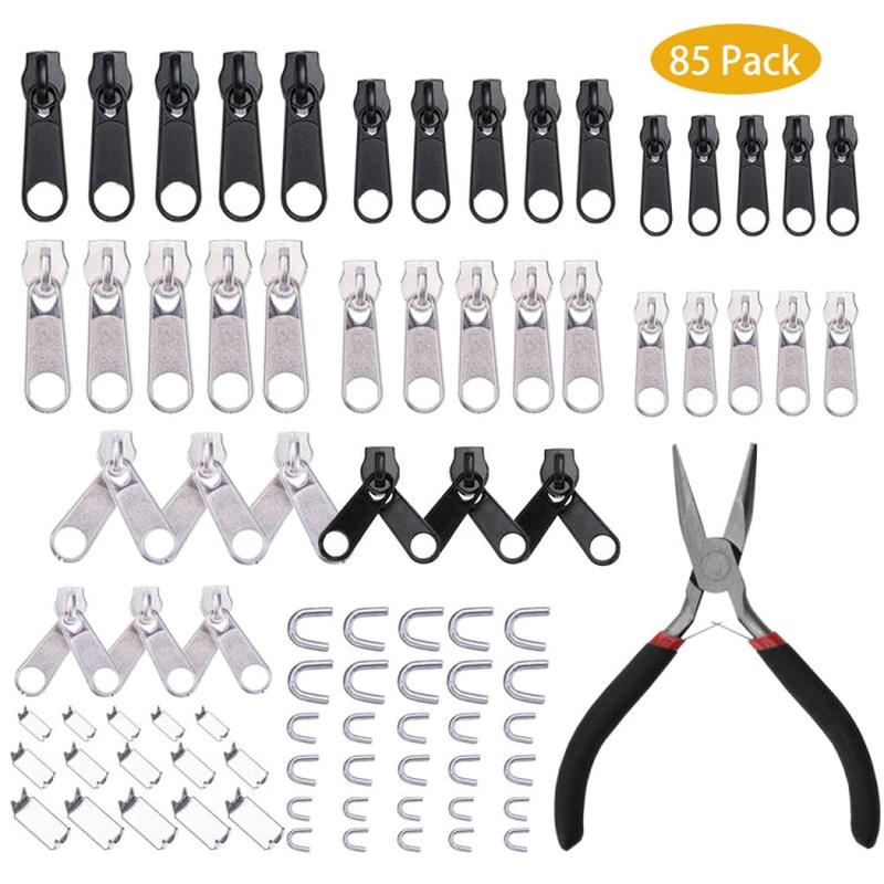 85pcs Toothless Sharp Nose Pliers Zinc Alloy Painted Nylon Zipper Puller Set For Clothing Tent Install
