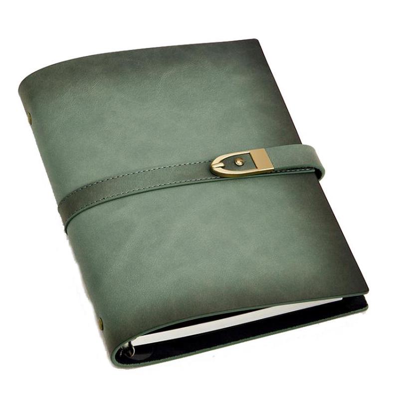 A5 Genuine Leather Travel Journal Refillable Notebook with Vintage Soft Cover & Antique Brass Buckle Closure(Green)