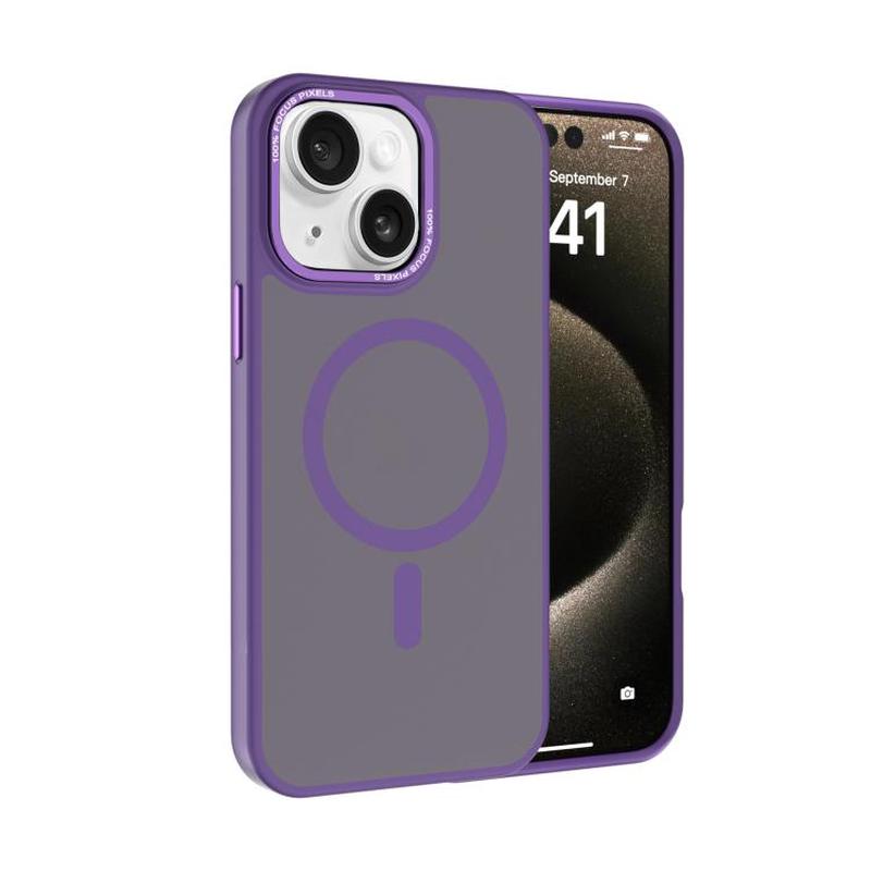 For iPhone 15 Kalebol Metal Lens Frame MagSafe Frosted PC Phone Case(Dark Purple)
