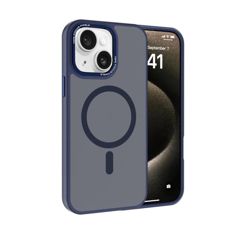 For iPhone 15 Kalebol Metal Lens Frame MagSafe Frosted PC Phone Case(Navy Blue)