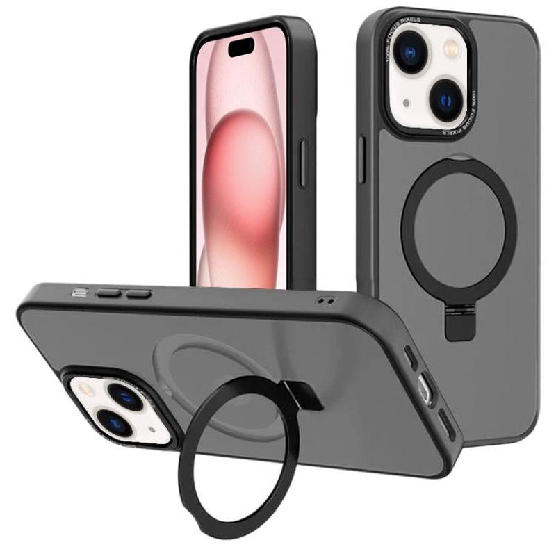 For iPhone 15 Kalebol Metal Lens Frame MagSafe Holder Frosted PC Phone Case(Black)