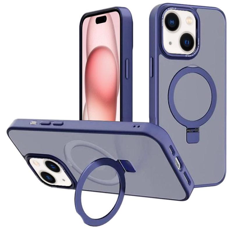 For iPhone 15 Kalebol Metal Lens Frame MagSafe Holder Frosted PC Phone Case(Navy Blue)
