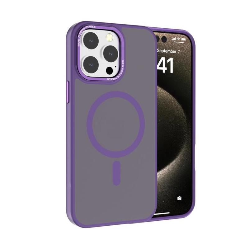 For iPhone 15 Pro Kalebol Metal Lens Frame MagSafe Frosted PC Phone Case(Dark Purple)