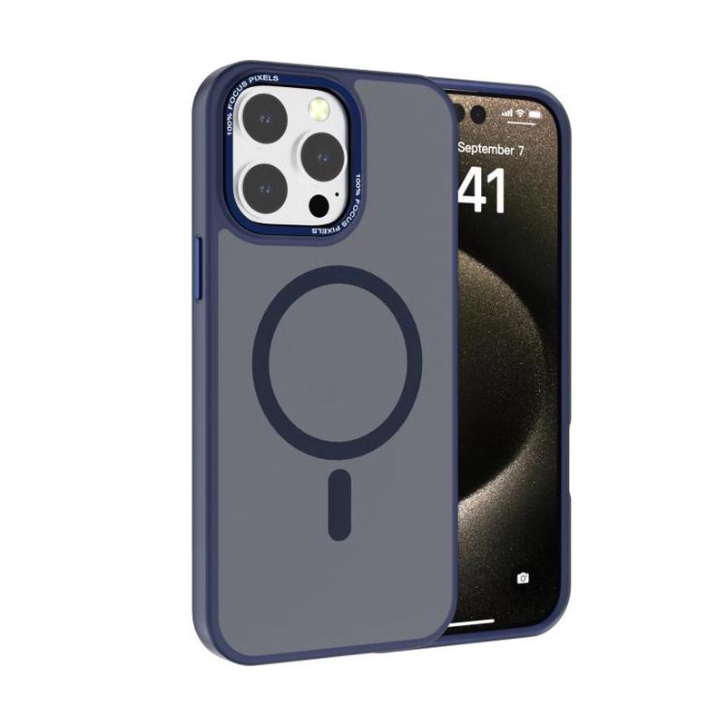 For iPhone 15 Pro Kalebol Metal Lens Frame MagSafe Frosted PC Phone Case(Navy Blue)