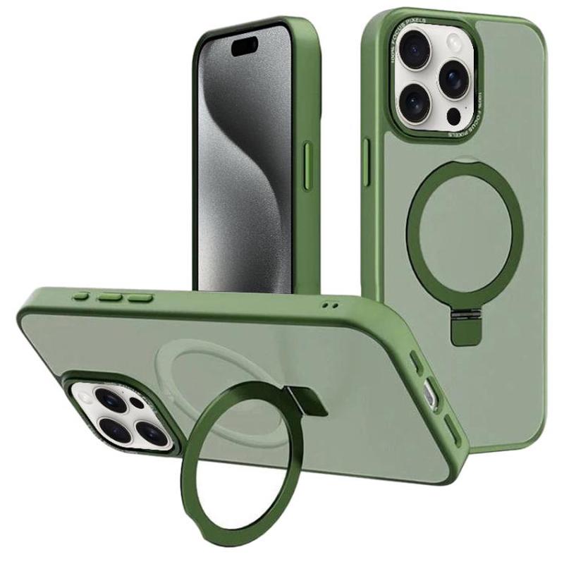 For iPhone 15 Pro Kalebol Metal Lens Frame MagSafe Holder Frosted PC Phone Case(Dark Green)