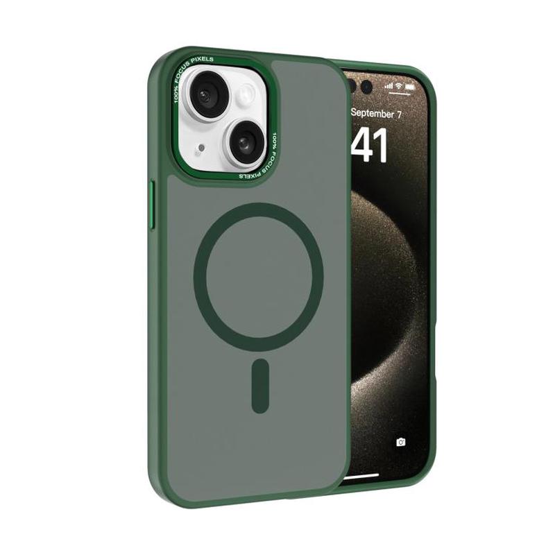 For iPhone 15 Kalebol Metal Lens Frame MagSafe Frosted PC Phone Case(Dark Green)