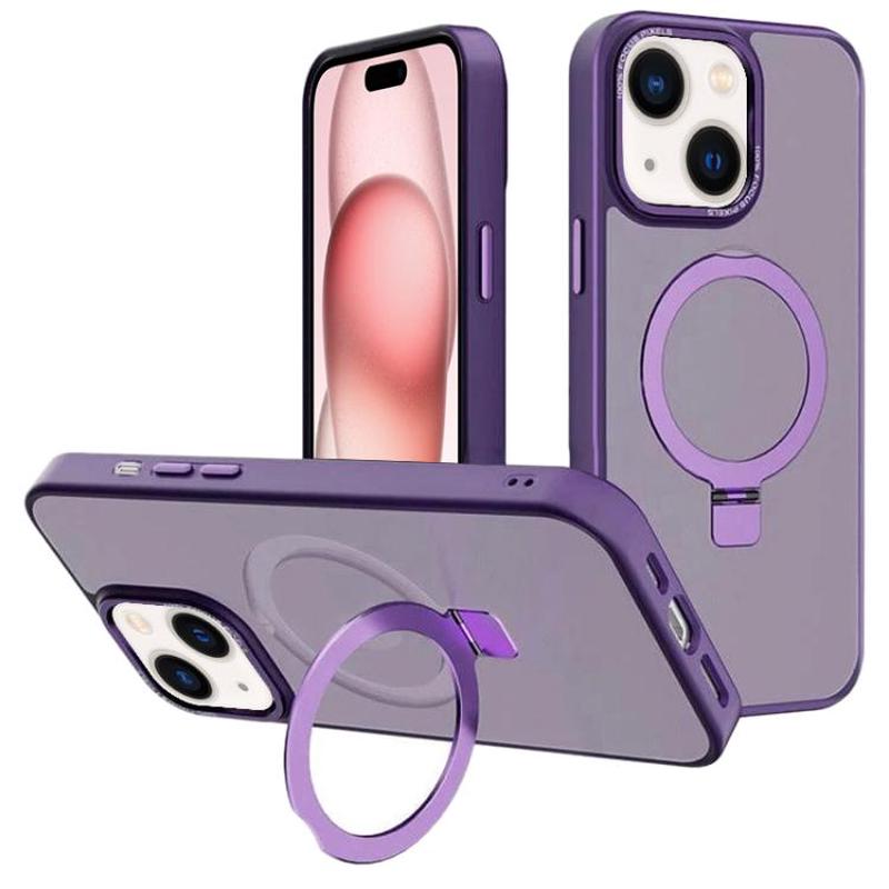 For iPhone 15 Kalebol Metal Lens Frame MagSafe Holder Frosted PC Phone Case(Dark Purple)