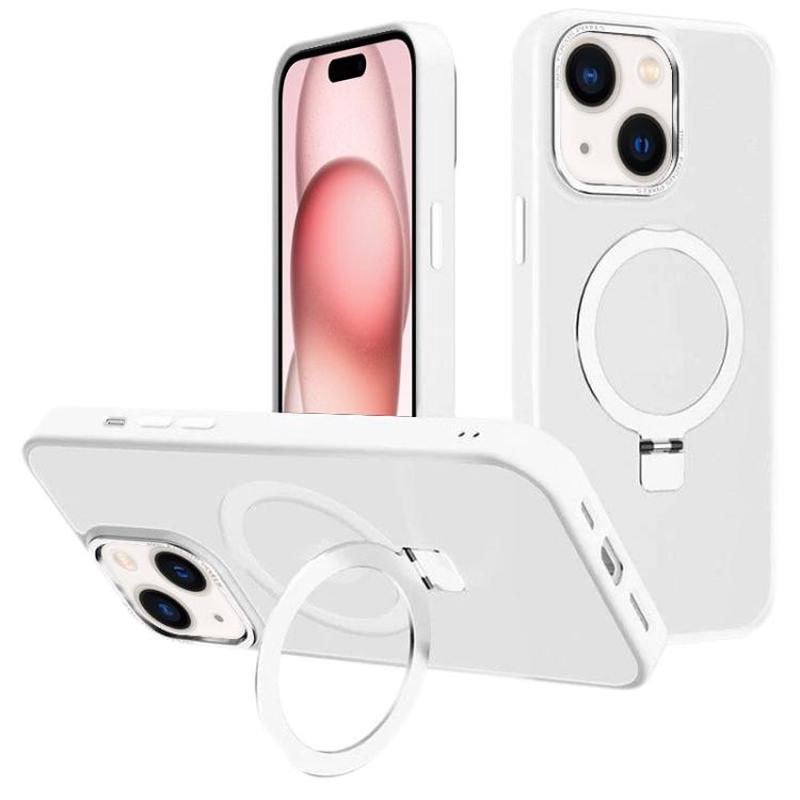 For iPhone 15 Kalebol Metal Lens Frame MagSafe Holder Frosted PC Phone Case(Frosted White)