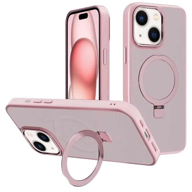 For iPhone 15 Kalebol Metal Lens Frame MagSafe Holder Frosted PC Phone Case(Pink)