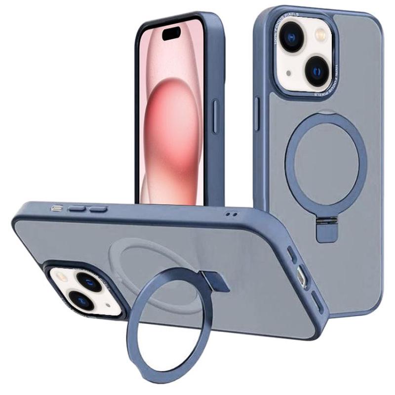 For iPhone 15 Kalebol Metal Lens Frame MagSafe Holder Frosted PC Phone Case(Sierra Blue)