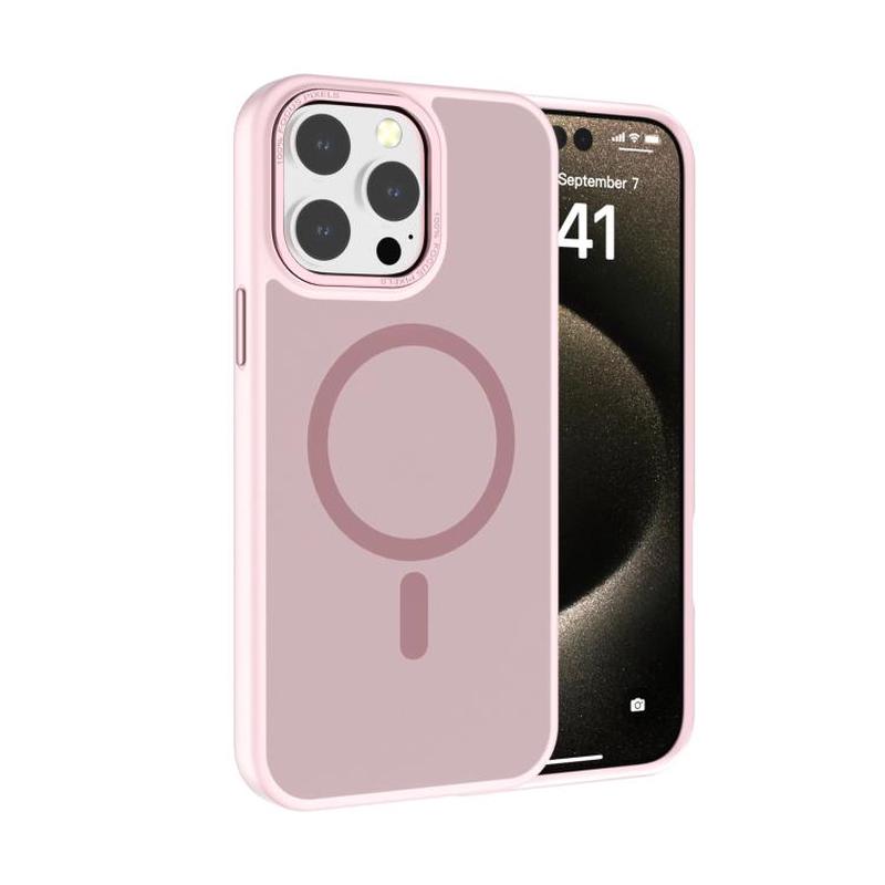 For iPhone 15 Pro Kalebol Metal Lens Frame MagSafe Frosted PC Phone Case(Pink)