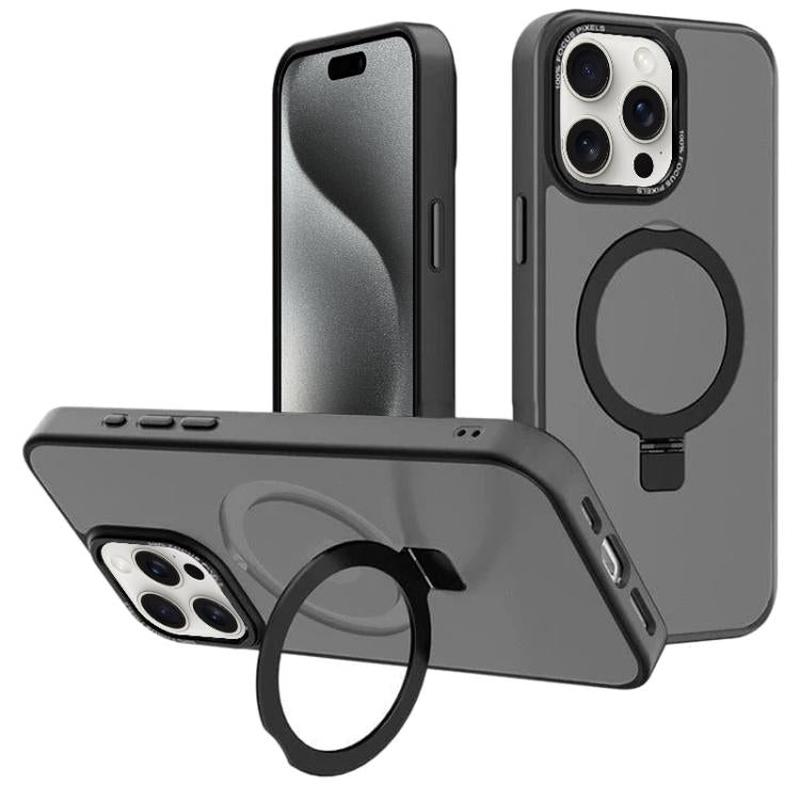 For iPhone 15 Pro Kalebol Metal Lens Frame MagSafe Holder Frosted PC Phone Case(Black)