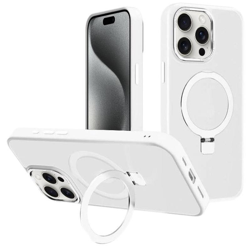 For iPhone 15 Pro Kalebol Metal Lens Frame MagSafe Holder Frosted PC Phone Case(Frosted White)