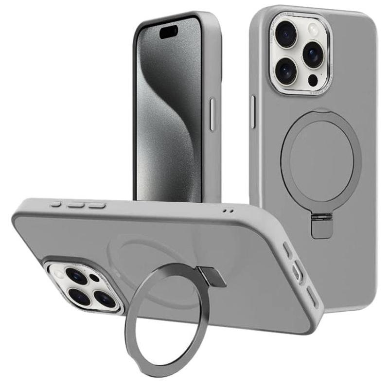 For iPhone 15 Pro Kalebol Metal Lens Frame MagSafe Holder Frosted PC Phone Case(Grey)