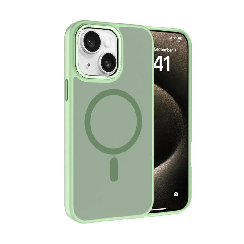 For iPhone 15 Kalebol Metal Lens Frame MagSafe Frosted PC Phone Case(Matcha Green)