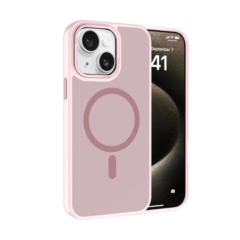 For iPhone 15 Kalebol Metal Lens Frame MagSafe Frosted PC Phone Case(Pink)