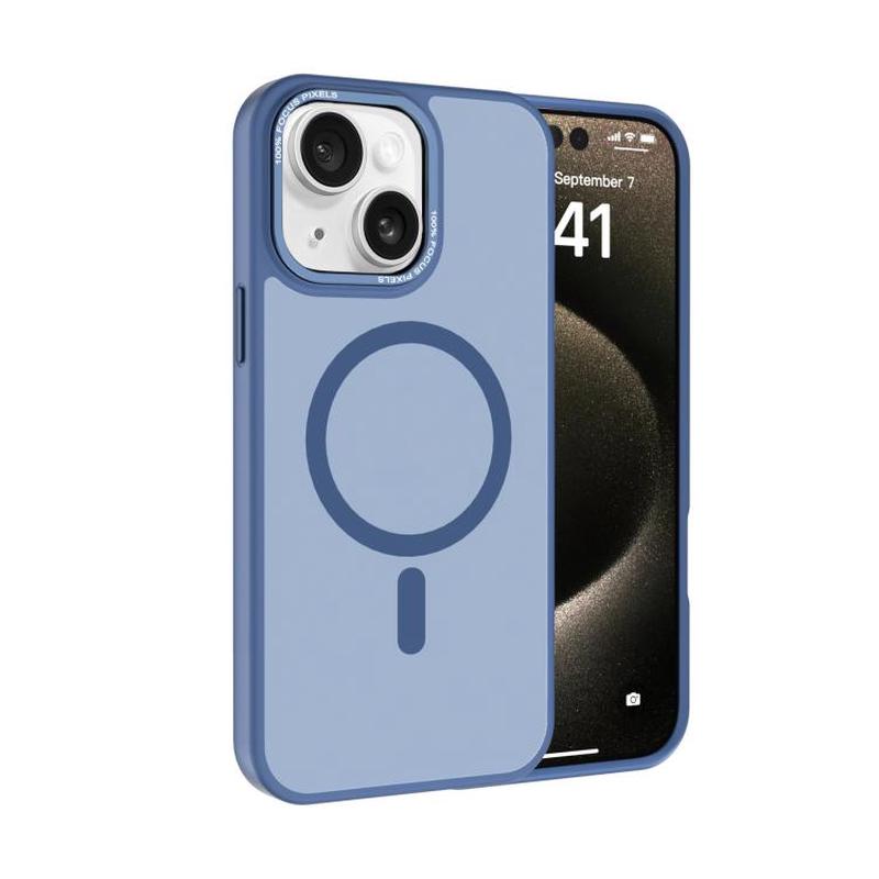 For iPhone 15 Kalebol Metal Lens Frame MagSafe Frosted PC Phone Case(Sierra Blue)
