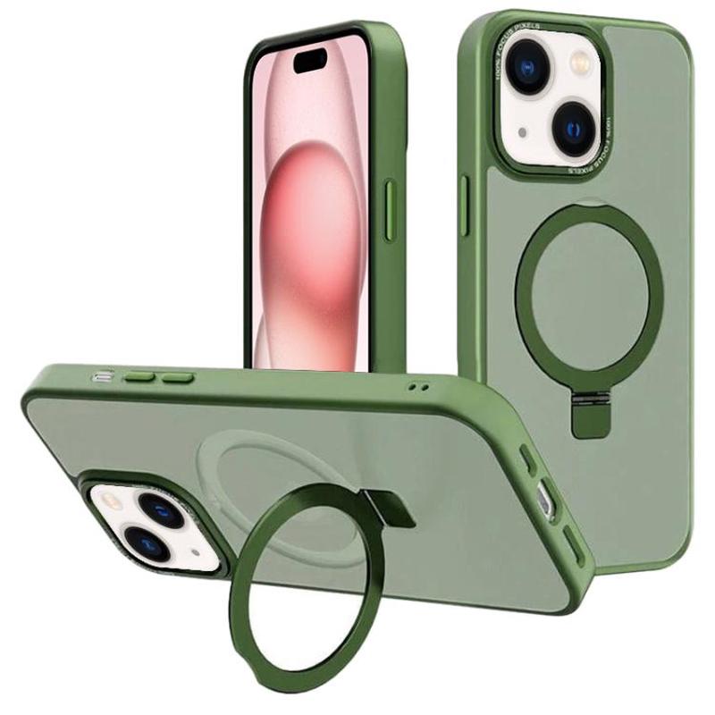 For iPhone 15 Kalebol Metal Lens Frame MagSafe Holder Frosted PC Phone Case(Dark Green)