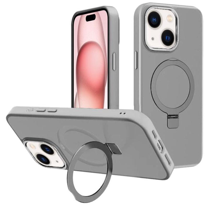 For iPhone 15 Kalebol Metal Lens Frame MagSafe Holder Frosted PC Phone Case(Grey)