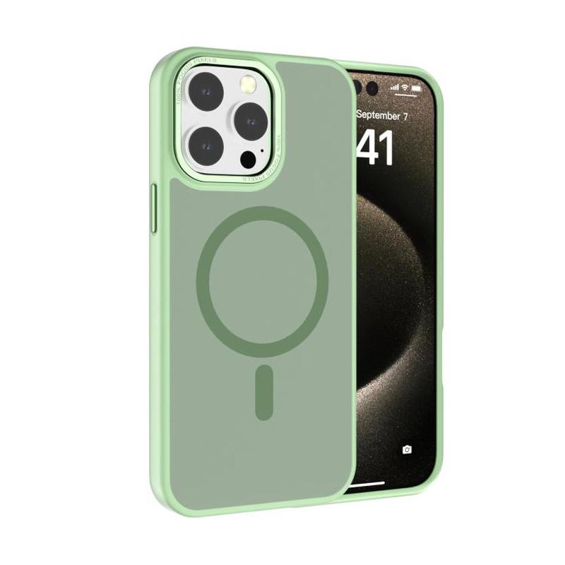 For iPhone 15 Pro Kalebol Metal Lens Frame MagSafe Frosted PC Phone Case(Matcha Green)