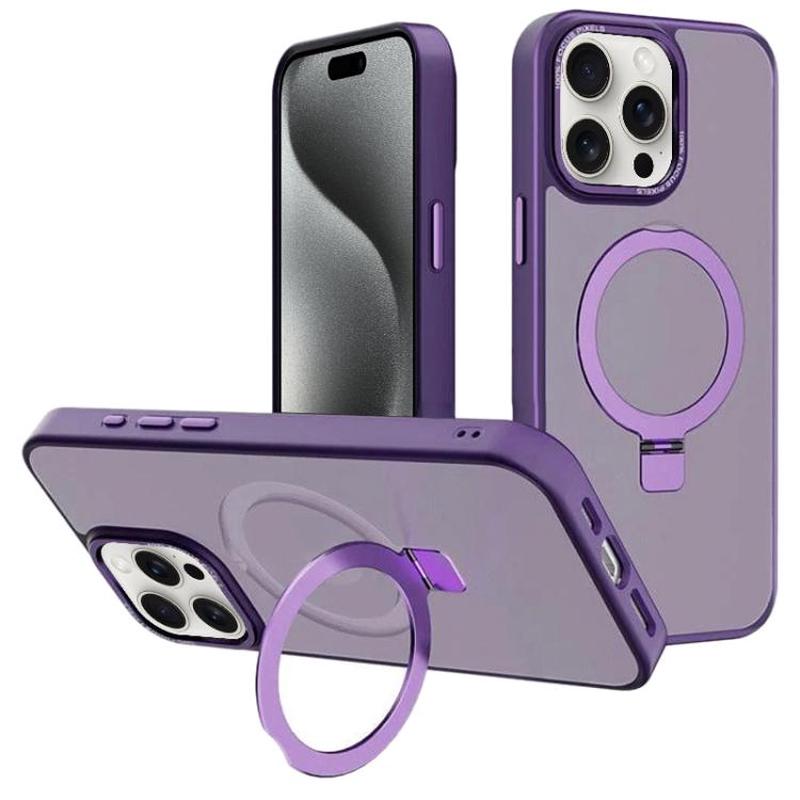 For iPhone 15 Pro Kalebol Metal Lens Frame MagSafe Holder Frosted PC Phone Case(Dark Purple)