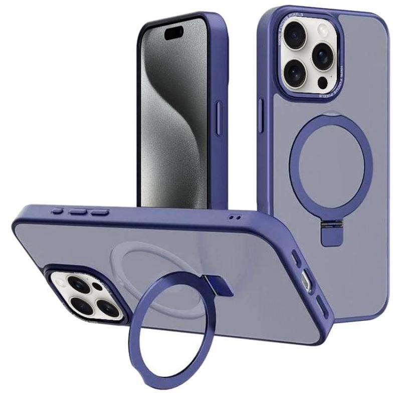 For iPhone 15 Pro Kalebol Metal Lens Frame MagSafe Holder Frosted PC Phone Case(Navy Blue)