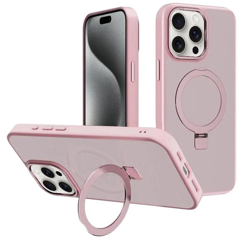 For iPhone 15 Pro Kalebol Metal Lens Frame MagSafe Holder Frosted PC Phone Case(Pink)