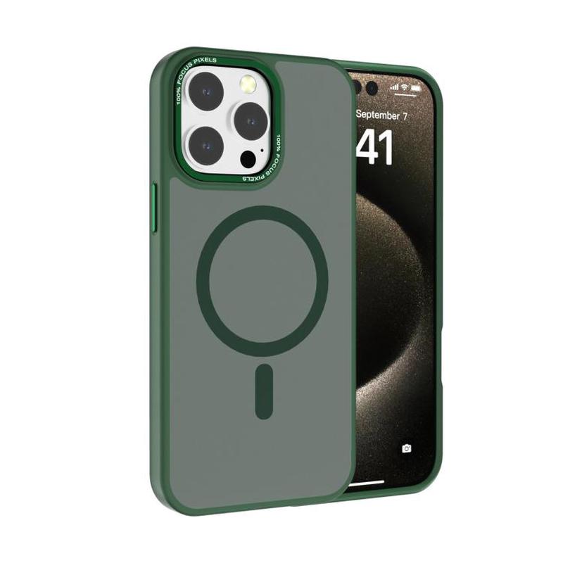For iPhone 15 Pro Kalebol Metal Lens Frame MagSafe Frosted PC Phone Case(Dark Green)