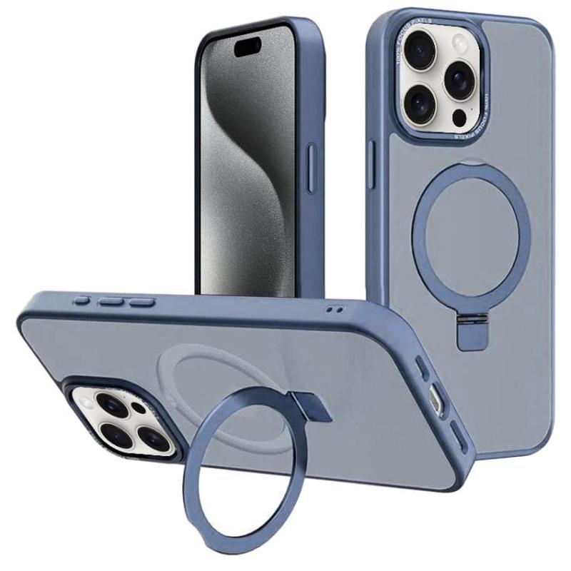 For iPhone 15 Pro Kalebol Metal Lens Frame MagSafe Holder Frosted PC Phone Case(Sierra Blue)