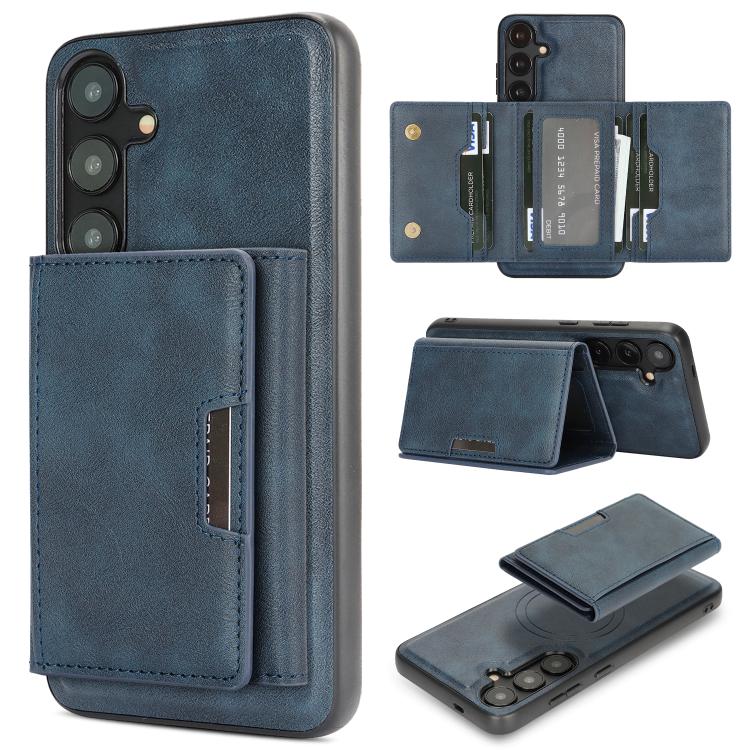 For Samsung Galaxy S24 5G Kalebol Strong Magnetic MagSafe Tri-Fold Wallet Leather Phone Case(Blue)