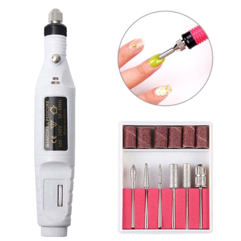 1 Set Power Professional Electric Manicure Machine Pen Pedicure Nail File Nail Tools 6 bits Drill Nail Drill Machine(EU White)