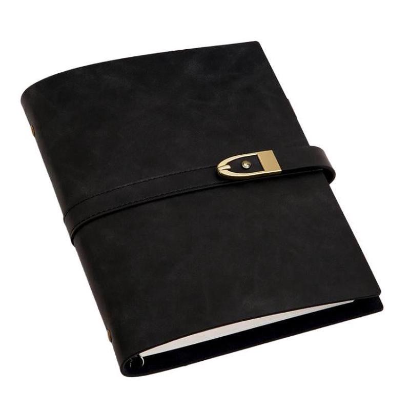 A5 Genuine Leather Travel Journal Refillable Notebook with Vintage Soft Cover & Antique Brass Buckle Closure(Black)