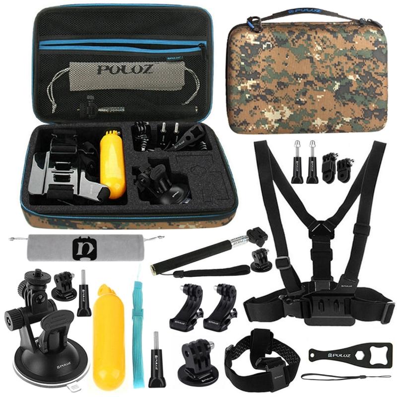 PULUZ 20 in 1 Accessories Combo Kit with Camouflage EVA Case (Chest Strap + Head Strap + Suction Cup Mount + 3-Way Pivot Arm + J-Hook Buckles + Extendable Monopod + Tripod Adapter + Bobber Hand Grip +