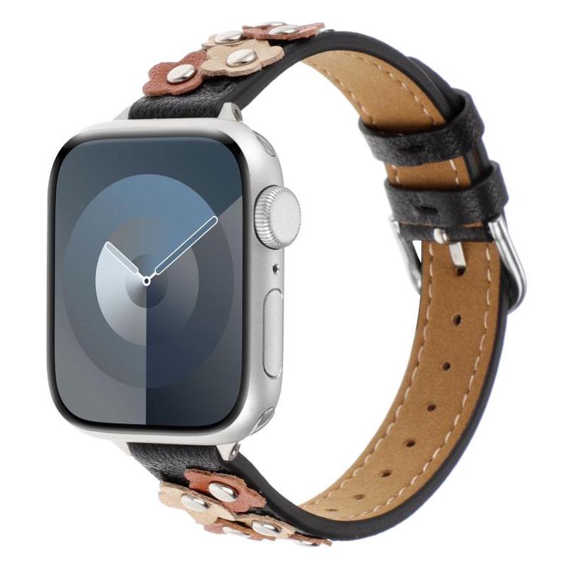 For Apple Watch 42mm / 41mm / 40mm / 38mm Kalebol Studded Flower Leather Strap(Black)