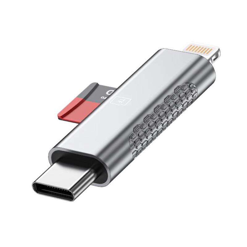 USB-C / Type-C and 8 Pin Dual Ports Ultra-mini Zinc Alloy Card Reader Supports TF, Micro SD Card(Grey)