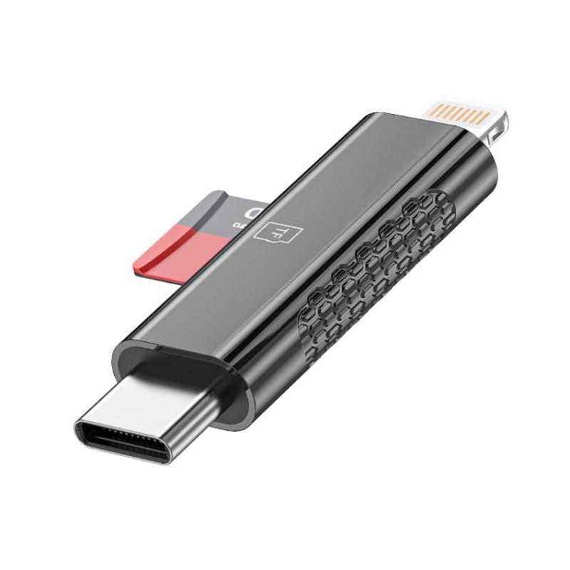 USB-C / Type-C and 8 Pin Dual Ports Ultra-mini Zinc Alloy Card Reader Supports TF, Micro SD Card(Tarnish)